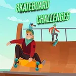 A vibrant illustration of skaters performing tricks on a halfpipe, with the text Skateboard Challenges prominently displayed above them against a bright sky