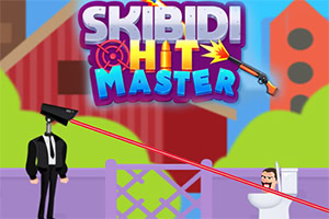 The image features a colorful game title Skibidi Hit Master with a cartoon character in a suit standing in front of a toilet, and a laser targeting an enemy figure