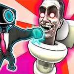 A stylized cartoon character in a suit and a box-shaped head is punching a grotesque human face emerging from a toilet, against a vibrant, radiating background