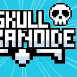 The image features the title Skull Arkanoid in a pixelated font, surrounded by two skull graphics, set against a bright blue background with radiating lines