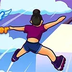 A cartoon-style image featuring a girl in roller skates, soaring through the sky against a colorful background with clouds, along with the text Sky Roller prominently displayed