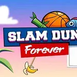 An animated logo featuring the text Slam Dunk Forever, with a basketball and playful elements like a fish and banana, set against a colorful background with a basketball hoop