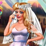 A distressed princess in a wedding dress with a veil is crying, set against a scenic background, with a colorful logo reading Sleep Princess RUINED Wedding