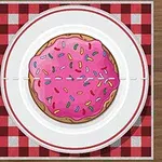 A round donut with pink icing and colorful sprinkles sits on a white plate, surrounded by a red and white checkered tablecloth, with a fork and knife placed beside the plate