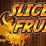 The image features the vibrant title SLICE FRUIT in bold, stylized lettering against a wooden background, accompanied by colorful splashes representing various fruits like melons and citrus