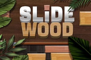Bold 3D SLIDE WOOD text on a dark wooden background surrounded by green tropical leaves and wooden tiles