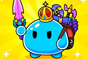 A small, blue, blob-like character wearing a golden crown and holding a sparkling purple sword, with a backpack full of various weapons and items, set against a bright yellow background