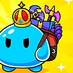 A small, blue, blob-like character wearing a golden crown and holding a sparkling purple sword, with a backpack full of various weapons and items, set against a bright yellow background