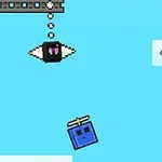 A blue, box-shaped character with a propeller is floating in a sky-blue background, flanked by two black, eye-shaped objects suspended above it