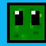 A pixelated green slime character face with large black eyes and a simple design, set against a bright blue background