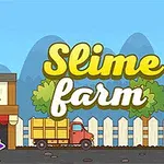 A colorful, cartoonish game interface featuring a farm scene with cute slimes, a hand pointing at a green slime, and a truck beside a building, with the title Slime Farm prominently displayed