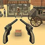 A Wild West scene featuring two revolvers in the foreground, a cowboy, a saloon, a sheriff, a stagecoach, bottles, and a cactus in a desert setting