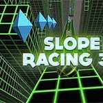 The image features a 3D racing game titled Slope Racing 3D, showcasing a futuristic green grid landscape with geometric shapes and a dynamic perspective, emphasizing speed and excitement