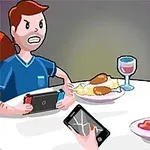 A tense restaurant scene featuring a man and a woman sitting at a table full of food, both looking angry; the man is holding a gaming console, and the woman is using a smartphone