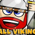 A cartoonish small Viking with a bright red beard and blue eyes, wearing a silver helmet and armor, cheerfully raises a weapon against a stone wall background, with the words SMALL VIKING prominently displayed