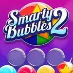 The image features the logo of the game Smarty Bubbles 2, set against a vibrant purple background, with colorful bubbles and geometric shapes below