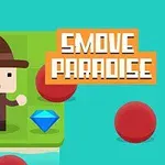 A colorful game graphic featuring a pixelated character in a hat standing on a green block with a blue diamond, surrounded by red circles and the title SMOVE PARADISE prominently displayed