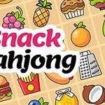 A colorful graphic featuring various snack and fruit icons, including a hamburger, fries, pineapple, and grapes, overlaid with the title Snack Mahjong in bold, playful lettering