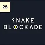 The image features a simple game interface titled Snake Blockade, with vibrant colored indicators, circular game elements, and a dark background