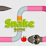 A colorful, cartoonish representation of the classic Snake game, featuring a playful snake, an apple, and the title Snake game in bold green letters