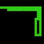 A retro-style Snake game screenshot featuring a long green snake made of square segments navigating towards a red square on a black background