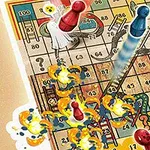 A colorful board game layout featuring red and blue pawns, ladders, flames, and playful emojis, depicting a fun and dynamic game of Snakes and Ladders with a whimsical twist