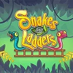 A colorful digital depiction of the classic board game Snakes and Ladders, featuring two snakes, a vibrant logo, and player tokens against a jungle-themed background