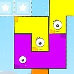 A colorful puzzle game featuring yellow and purple blocks with eyes, arranged in a T-shape against a blue sky, with two star icons above as objectives