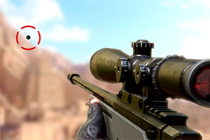 A close-up view of a sniper rifle with a telescopic sight, aimed towards a distant target, featuring a red reticle on a blurred outdoor background