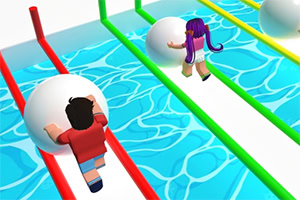 Two characters, one wearing a red shirt and the other with purple hair, are pushing large white spheres along colorful tracks over a blue, wavy water-like surface