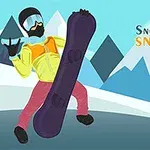 A colorful illustration of a snowboarder wearing a mask and goggles, performing a trick on a snow-covered mountain with stylized peaks and the text Snow Mountain SNOWBOARD 100%