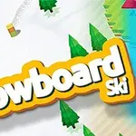 A colorful, playful graphic featuring the words Snowboard Ski prominently displayed over a snowy landscape with stylized evergreen trees and a hint of a ski trail