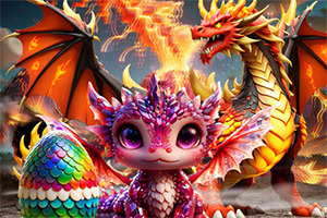 A vibrant, fantastical scene featuring a cute, colorful dragon hatchling next to a patterned egg, with a fierce, larger dragon breathing fire in the background