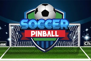 A vibrant graphic featuring the words SOCCER PINBALL prominently displayed, set against a soccer goal and a green field with a bold black and white soccer ball atop the logo