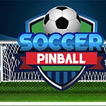 A vibrant graphic featuring the words SOCCER PINBALL prominently displayed, set against a soccer goal and a green field with a bold black and white soccer ball atop the logo
