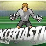 An animated soccer game titled Soccertastic: Penalty Shootout, featuring a goalkeeper in a grey uniform ready to defend a soccer goal, with the game title prominently displayed and a soccer ball in motion