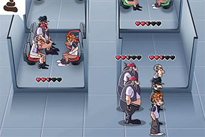 A brightly colored, stylized digital scene depicting several cartoonish characters in a modern setting with seating areas, health indicators above their heads, and a playful visual style