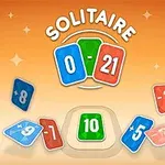 A colorful graphic featuring the title Solitaire with cards displaying various numbers and colors, centered around a score of 10 and a goal of 21, set against an orange background