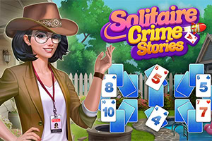 Cartoon woman in a brown hat and glasses holding a magnifying glass beside floating playing cards, with a colorful Solitaire Crime Stories title over a suburban yard with a house and white fence