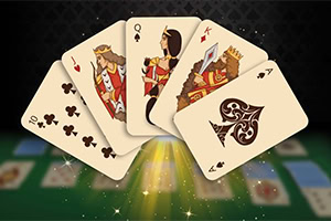 A hand of playing cards featuring a Jack, Queen, King, and a 10, displayed against a black background with sparks, emphasizing a royal flush in spades