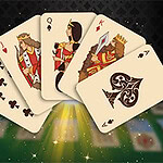 A hand of playing cards featuring a Jack, Queen, King, and a 10, displayed against a black background with sparks, emphasizing a royal flush in spades