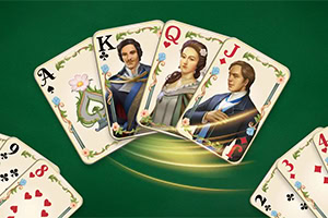 A hand of playing cards displaying an Ace, King, Queen, and Jack, each featuring illustrated characters on a green background, with additional cards partially visible at the bottom