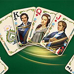A hand of playing cards displaying an Ace, King, Queen, and Jack, each featuring illustrated characters on a green background, with additional cards partially visible at the bottom
