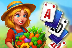 A cheerful young woman wearing a straw hat holds a basket full of colorful vegetables and flowers, with playing cards featuring an ace and other numbers neatly stacked nearby, set against a bright, sunny background