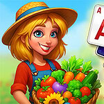 A cheerful young woman wearing a straw hat holds a basket full of colorful vegetables and flowers, with playing cards featuring an ace and other numbers neatly stacked nearby, set against a bright, sunny background