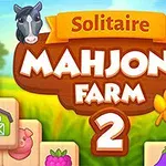 A colorful graphic featuring the title Solitaire Mahjong Farm 2, with cartoon-style farm animals, fruit, and themed tiles set against a vibrant farm background