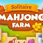 A colorful game interface featuring the title Solitaire Mahjong Farm, with vibrant visuals of fruits, animals, and farm elements, emphasizing a fun and engaging farm-themed solitaire experience