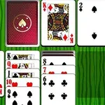 A digital card game layout featuring various playing cards, including Kings, Queens, and numbered cards in hearts, spades, and diamonds, set against a green background