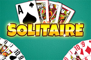 A deck of playing cards with an Ace of Spades visible, surrounded by colorful cards featuring Kings and Queens, along with the bold word SOLITAIRE prominently displayed above