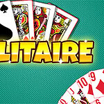 A deck of playing cards with an Ace of Spades visible, surrounded by colorful cards featuring Kings and Queens, along with the bold word SOLITAIRE prominently displayed above